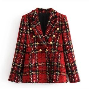 Plaid tartan double breasted tweed blazer coat jacket small new